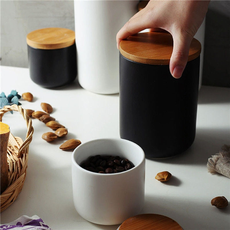 KitchenEnvy Ceramic Storage Jars with Wood Lid - KitchenEnvy