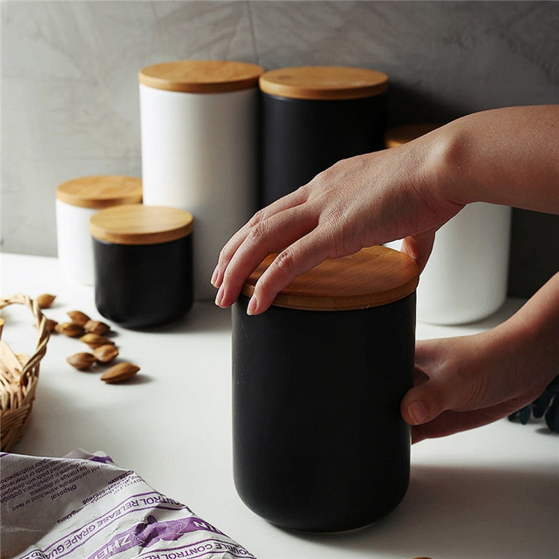 KitchenEnvy Ceramic Storage Jars with Wood Lid - KitchenEnvy